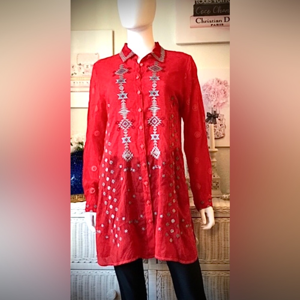 Johnny Was Geometric Embroidered Red Tunic Button Down Sheer Side Vents Size S
